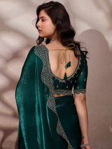 Green wedding wear satin silk saree with stone worked border