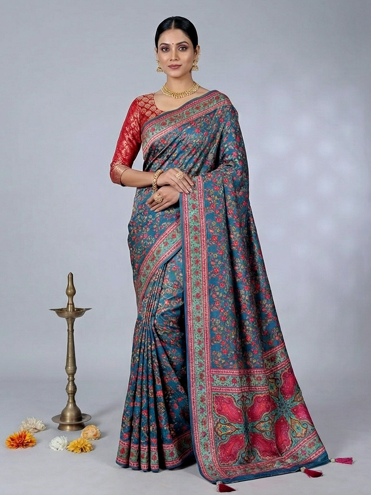 Rama blue wedding wear saree in semi pashmina silk
