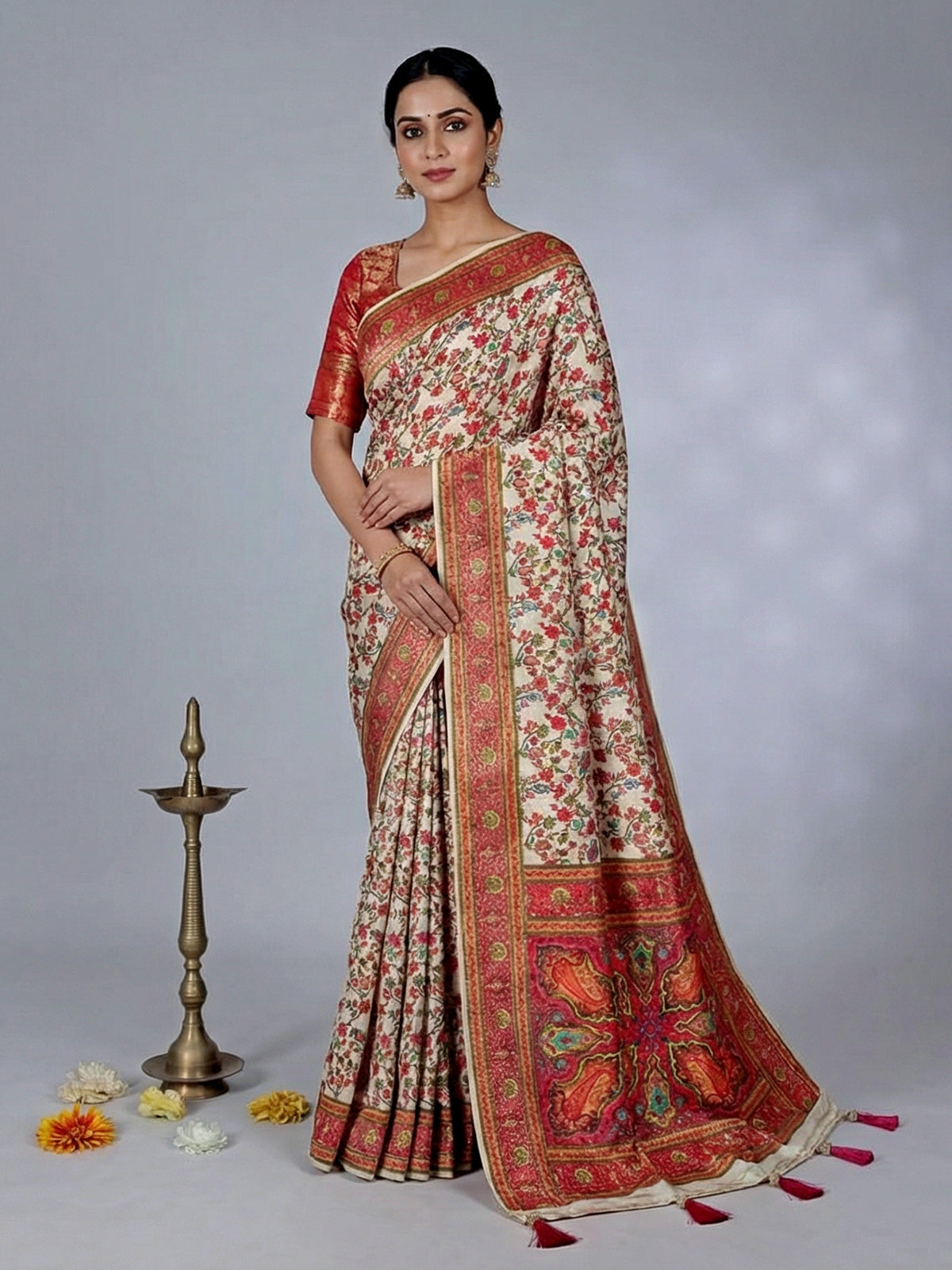 Cream semi pashmina silk saree with motfs weaving
