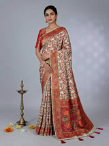 Cream semi pashmina silk saree with motfs weaving