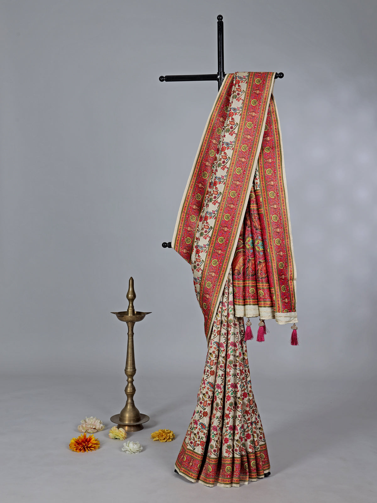 Cream semi pashmina silk saree with motfs weaving