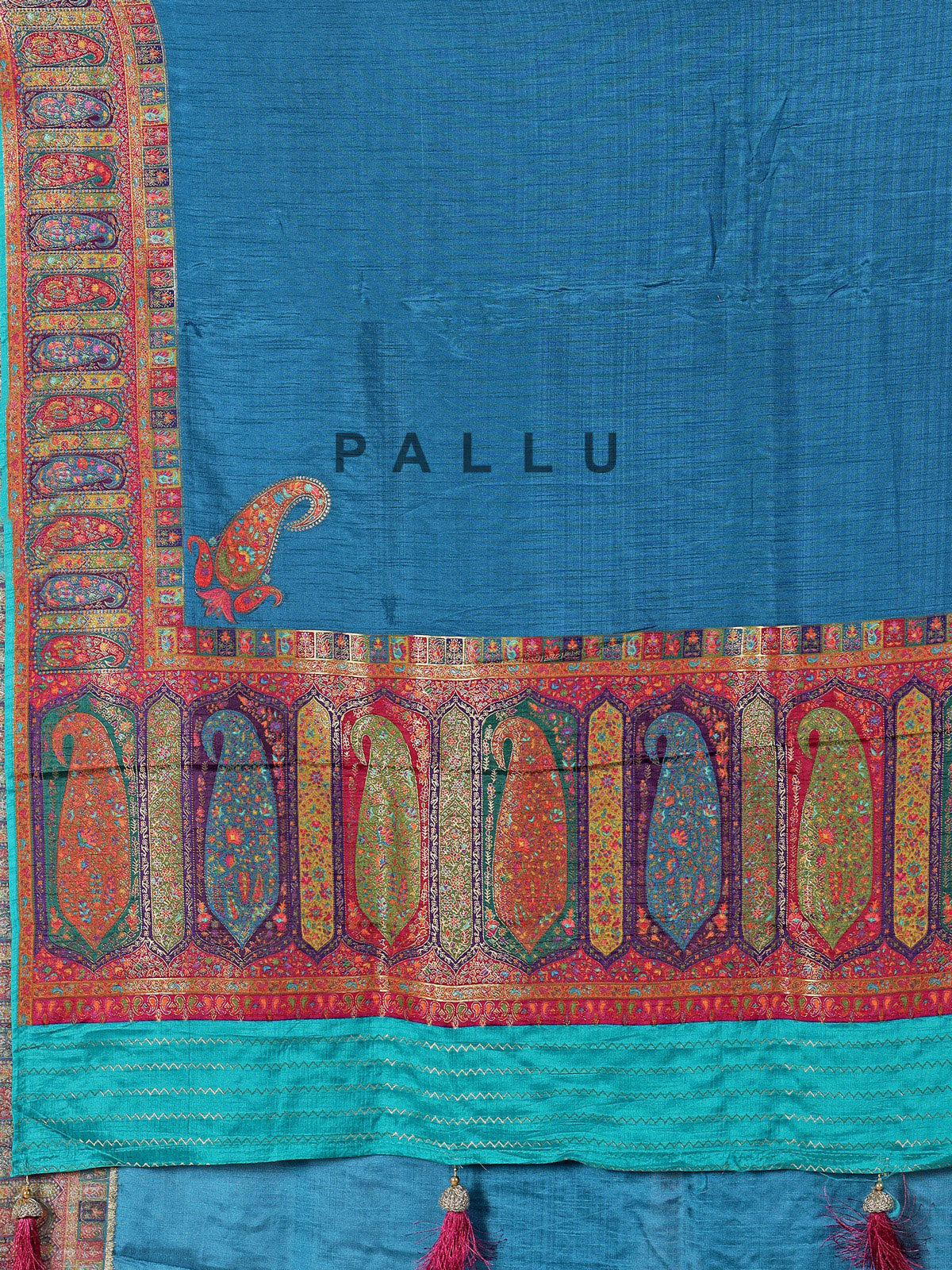 Rama blue zari worked saree in semi pashmina silk
