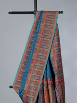 Rama blue zari worked saree in semi pashmina silk