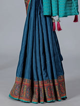 Rama blue zari worked saree in semi pashmina silk