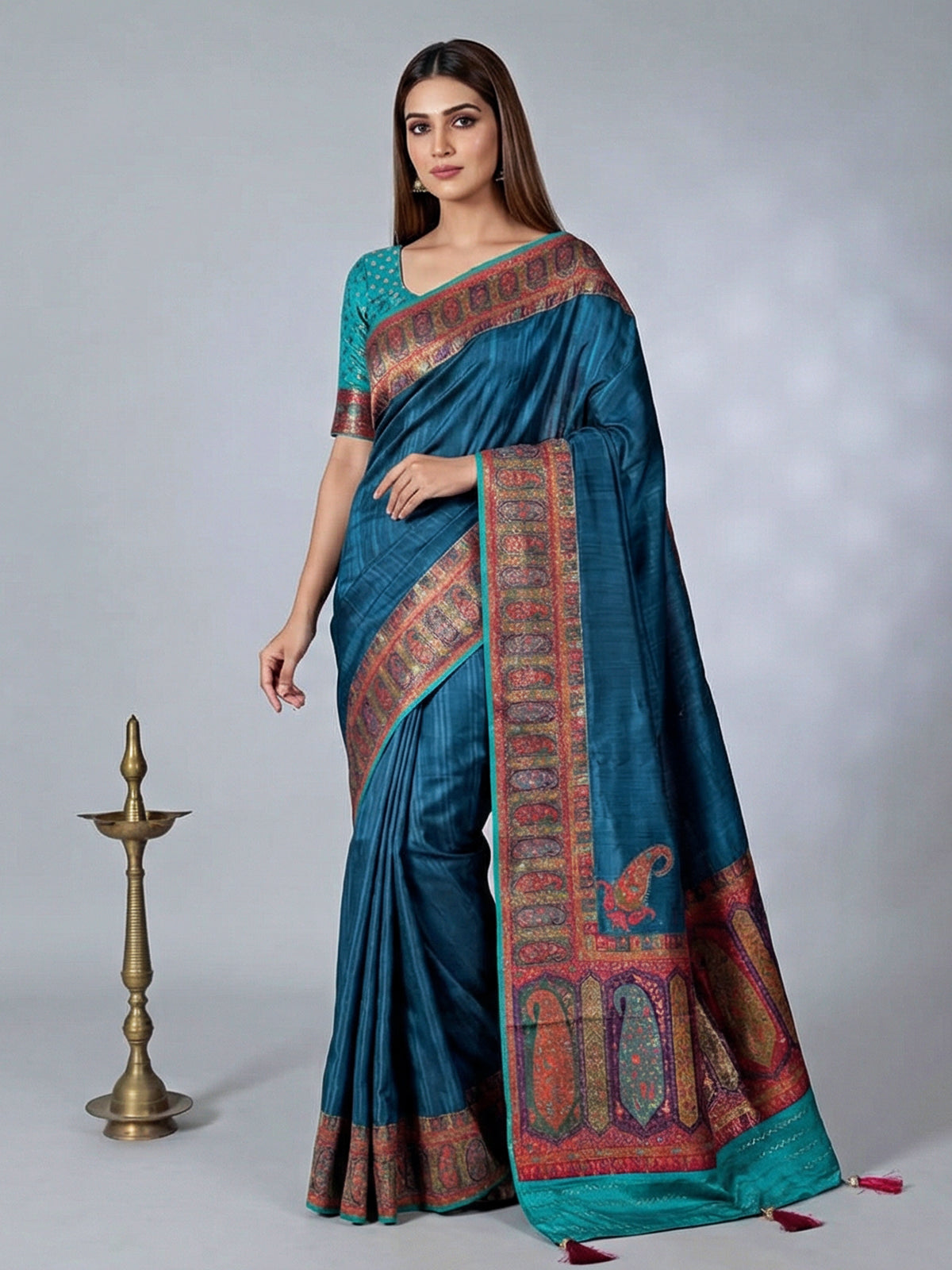 Rama blue zari worked saree in semi pashmina silk