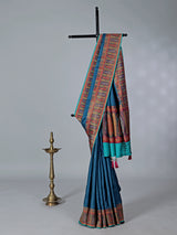 Rama blue zari worked saree in semi pashmina silk