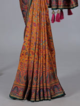 Mustard yellow haldi wear saree in semi pashmina silk