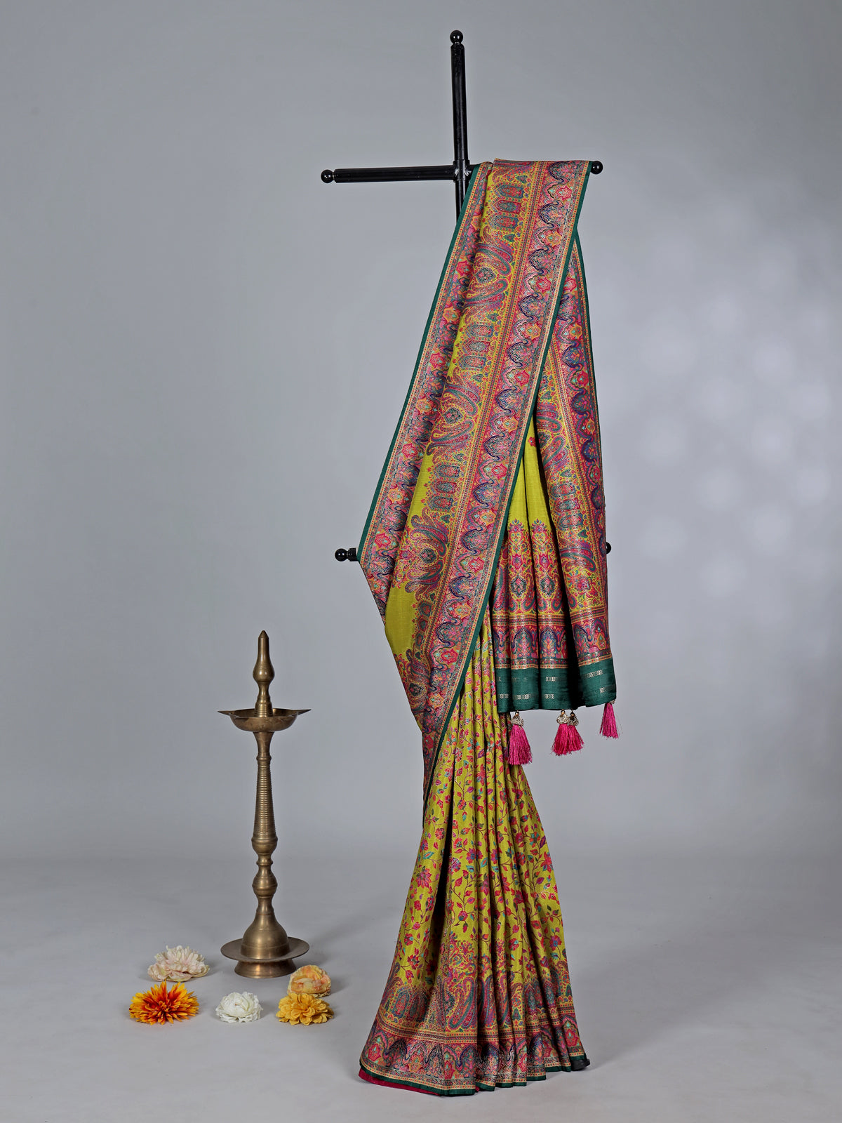 Light green semi pashmina silk saree for festive wear