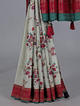 Off white semi pashmina silk saree with print