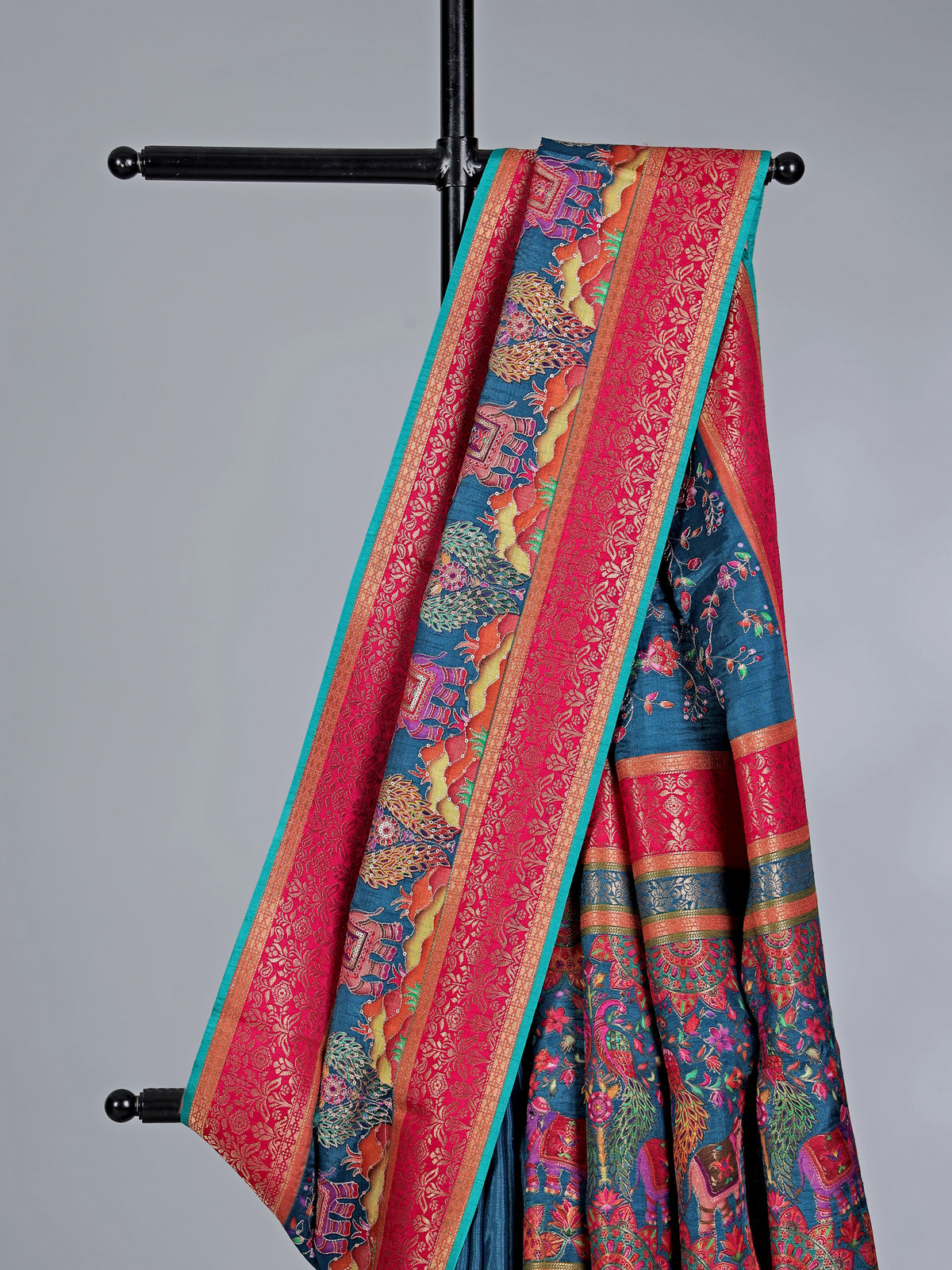 Rama blue wedding wear semi pashmina silk saree