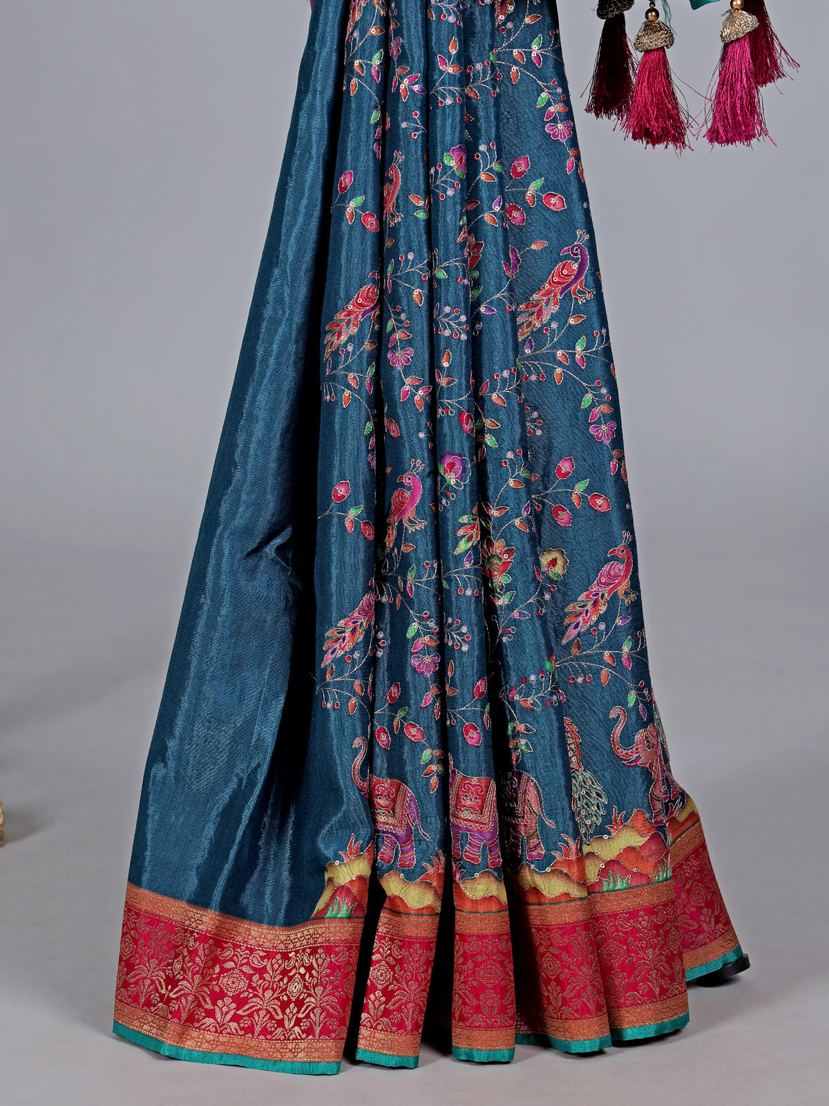 Rama blue wedding wear semi pashmina silk saree
