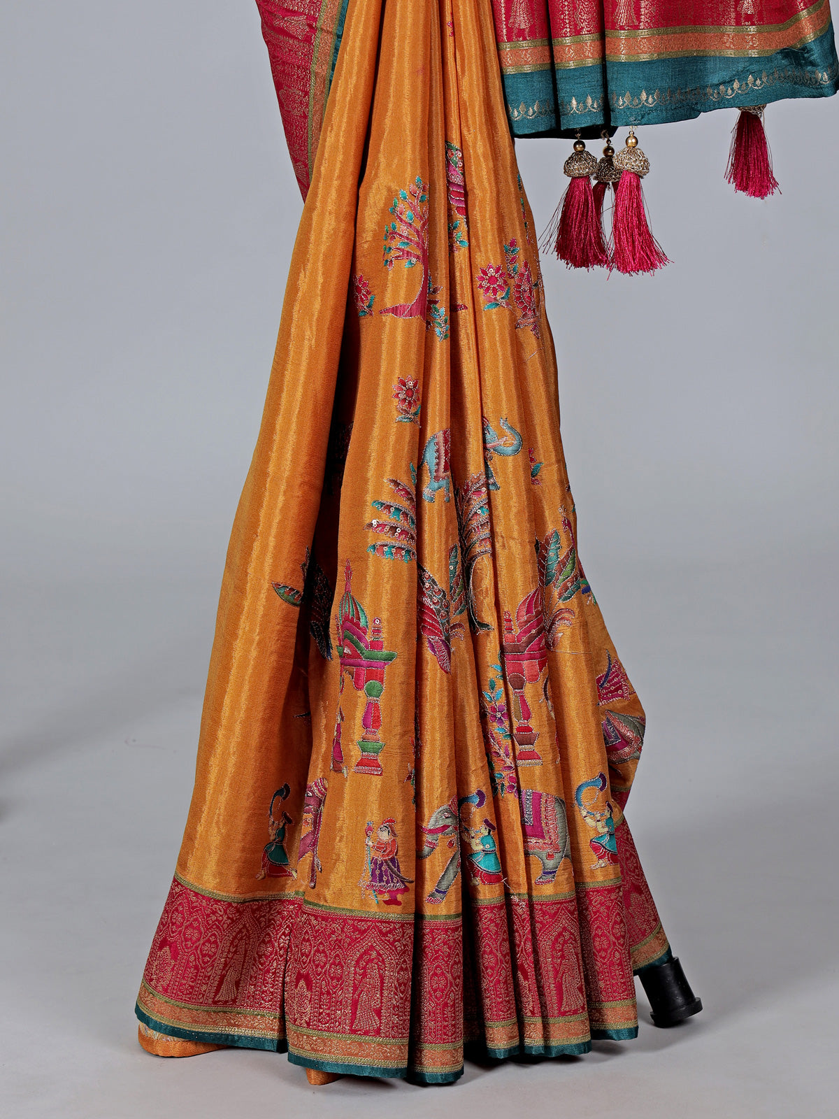 Mustard yellow semi pashmina silk saree