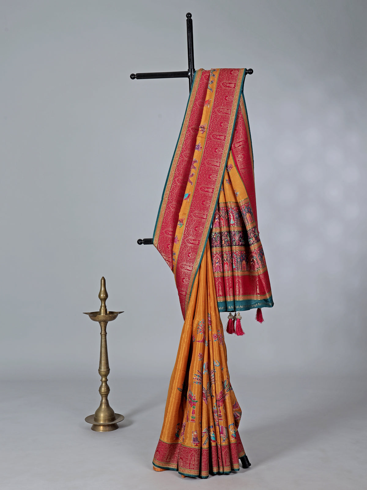 Mustard yellow semi pashmina silk saree