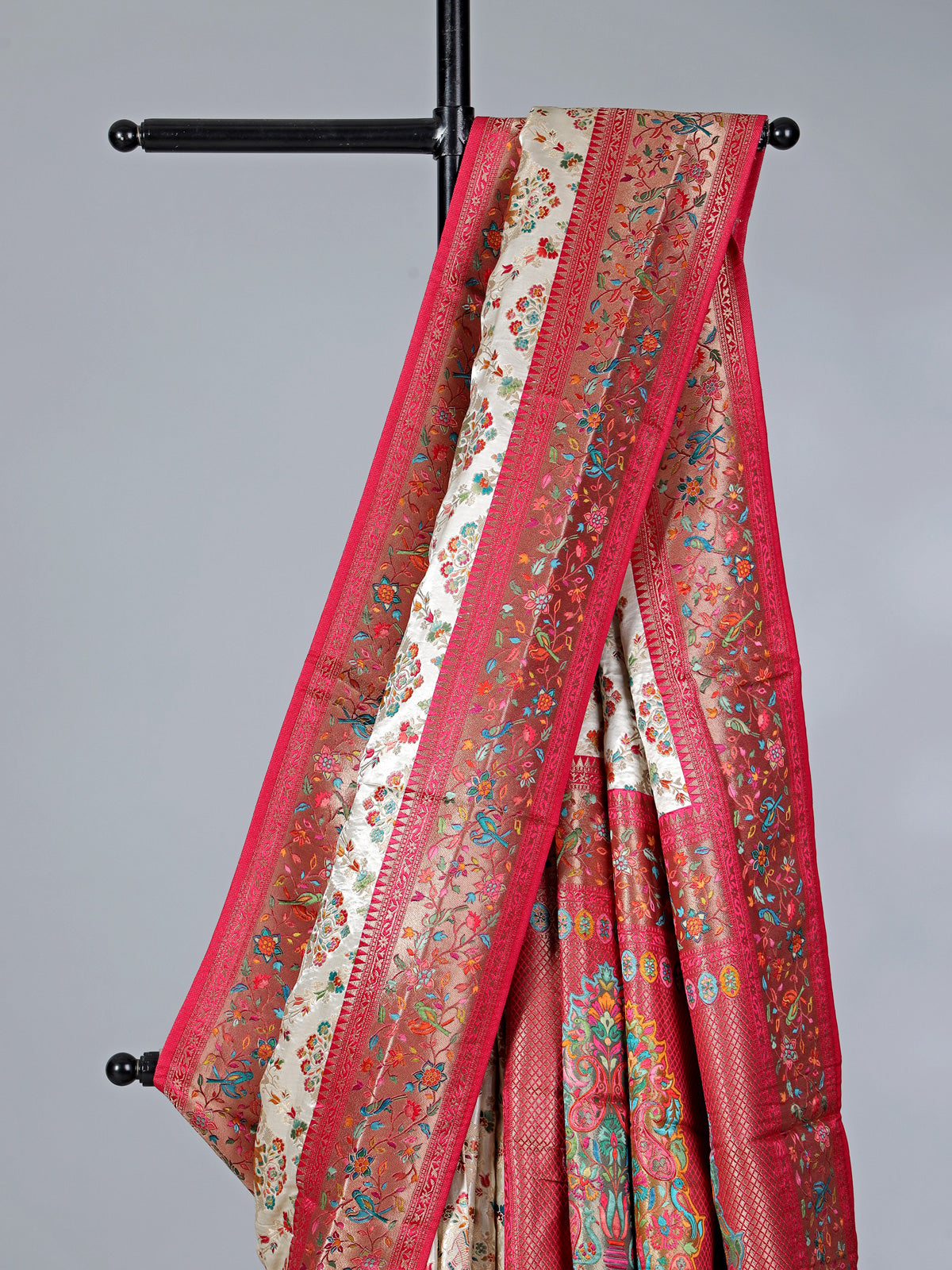Cream wedding wear semi pashmina silk saree