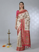 Cream wedding wear semi pashmina silk saree