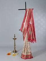 Cream wedding wear semi pashmina silk saree