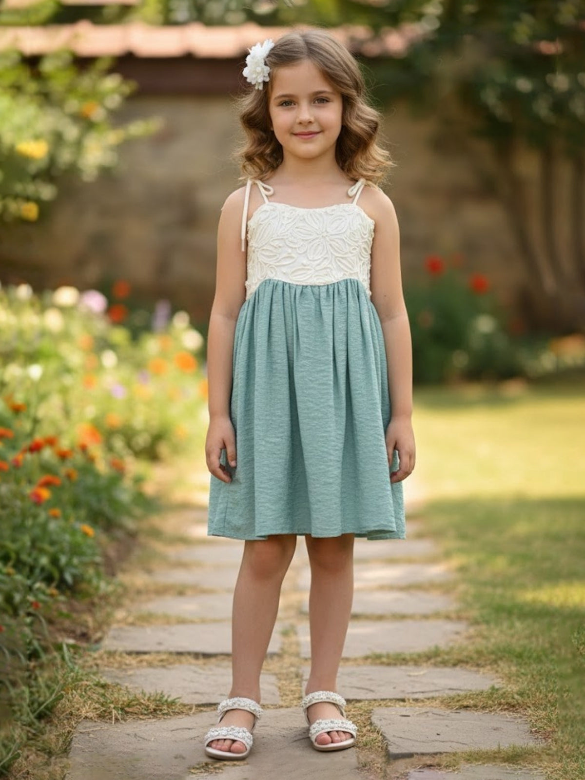 White and green sleeveless frock