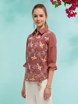 Brown and white cotton pant suit with thread deatiling