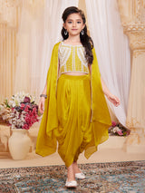 Yellow georgette dhoti suit with long shrug