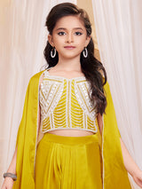 Yellow georgette dhoti suit with long shrug