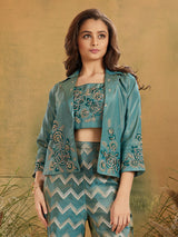 Rama green silk palazzo set with jacket