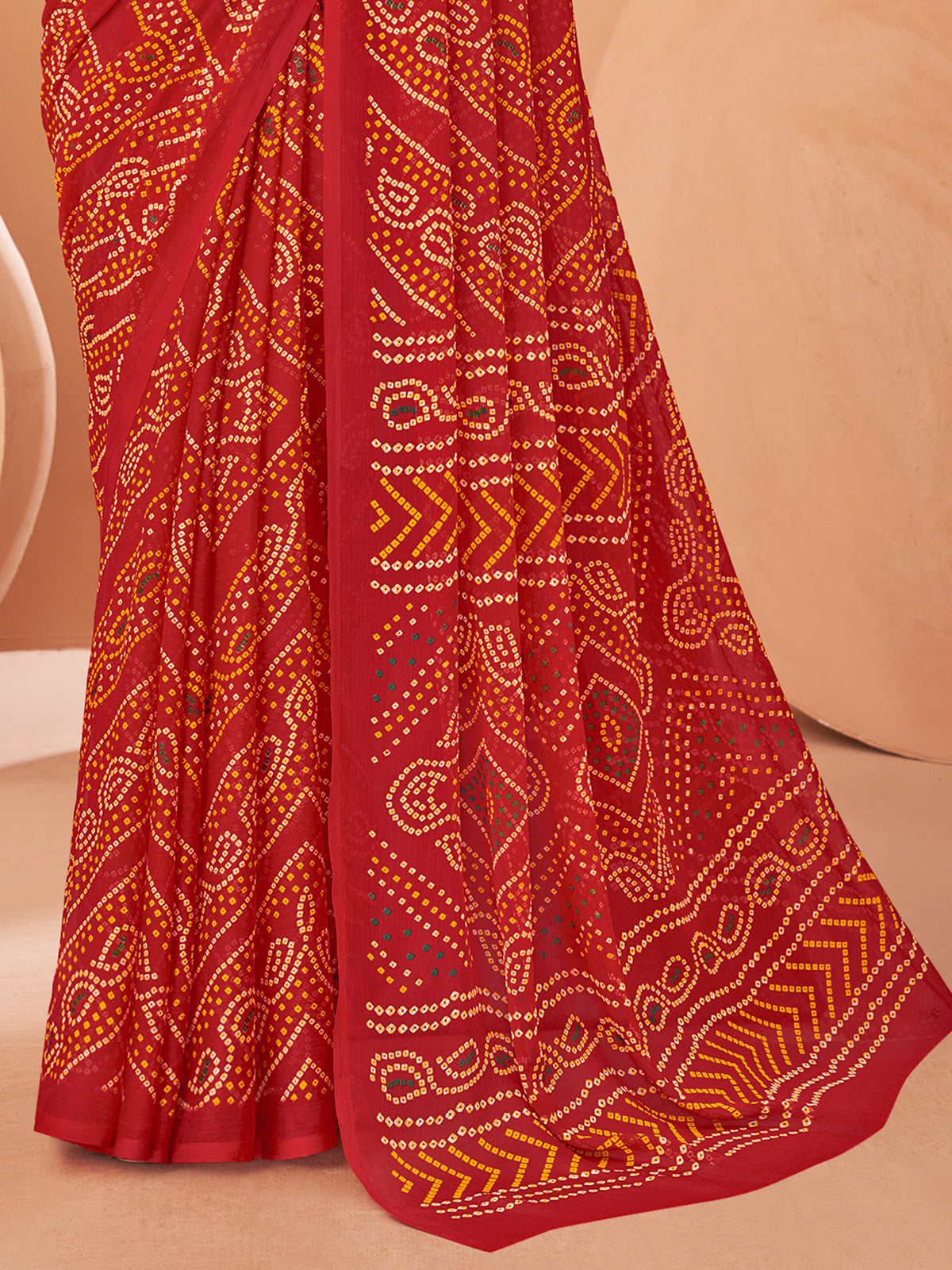 Red bandhani printed chiffon saree with unstitched blouse for women