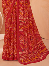 Red bandhani printed chiffon saree with unstitched blouse for women
