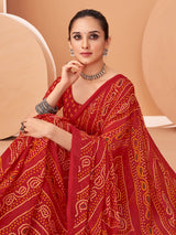 Red bandhani printed chiffon saree with unstitched blouse for women