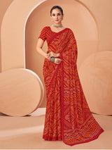 Red bandhani printed chiffon saree with unstitched blouse for women