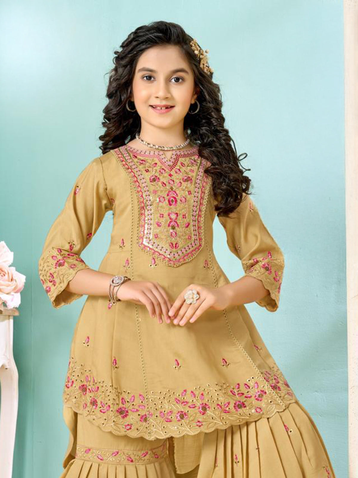 Beige cotton sharara suit with thread and cutwork