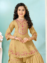 Beige cotton sharara suit with thread and cutwork