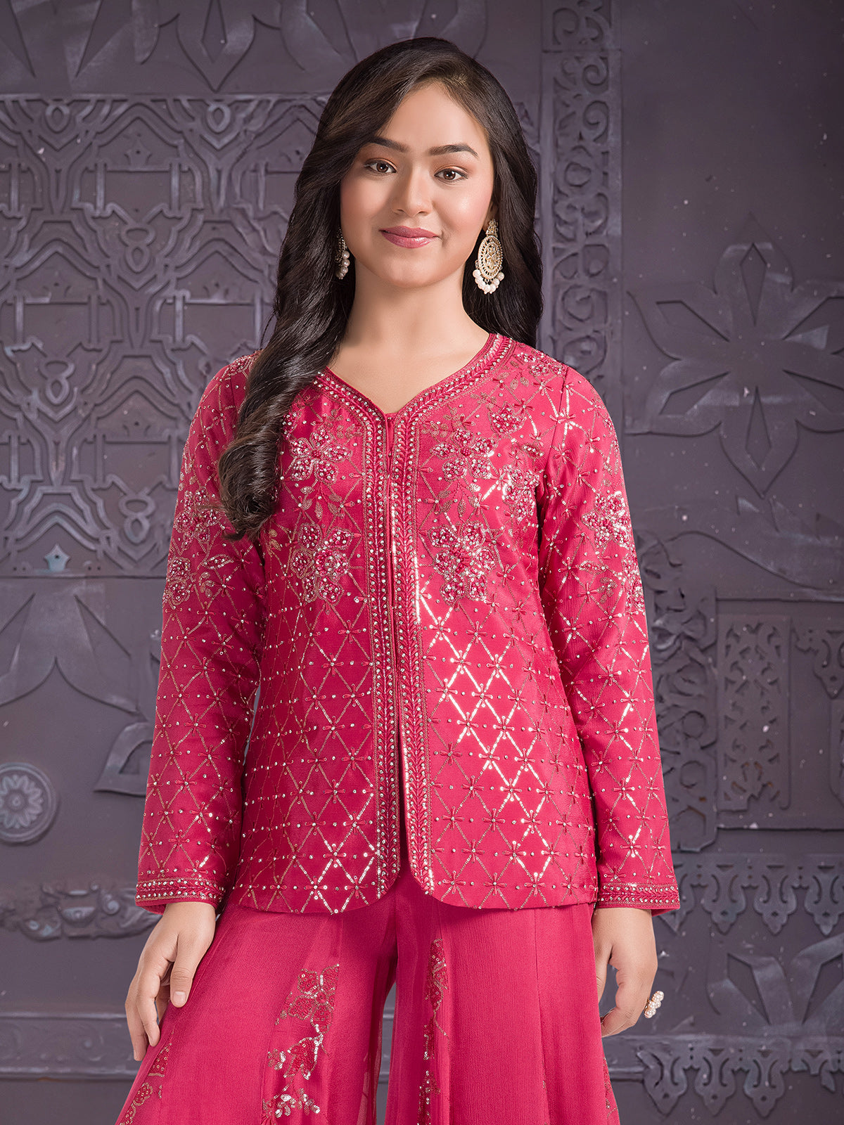 Dark peach sequins work palazzo suit