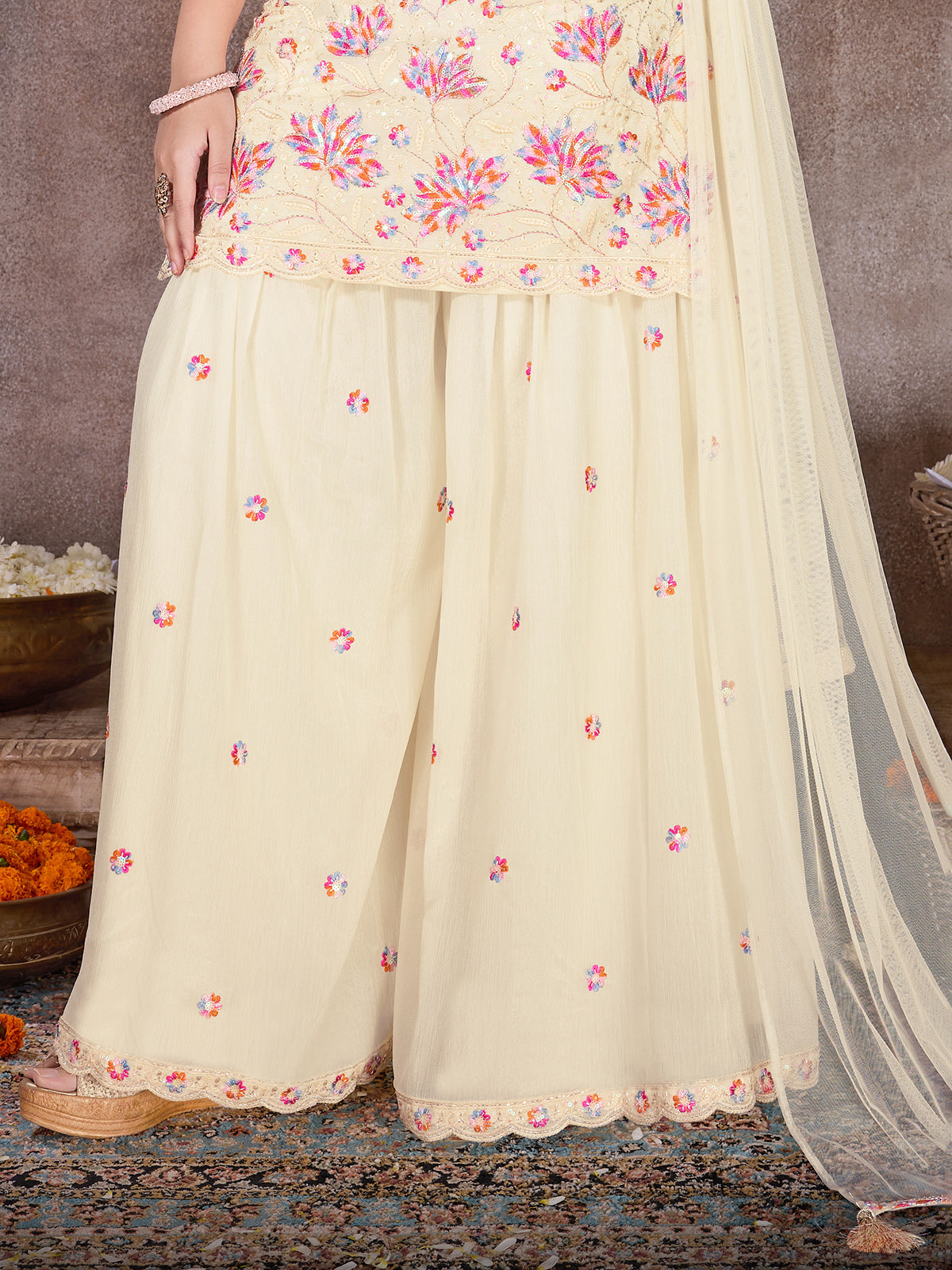 Cream wedding wear palazzo suit in chiffon
