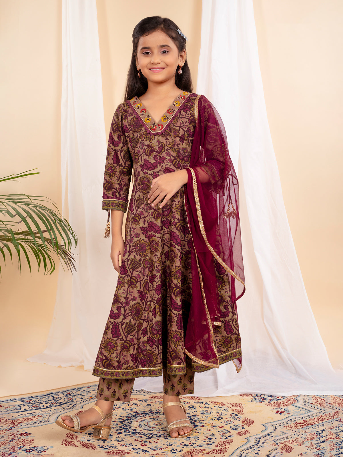 Grey printed anarkali suit with pant