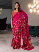 Rani pink cotton silk saree with floral motif weaving
