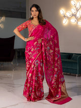 Rani pink cotton silk saree with floral motif weaving