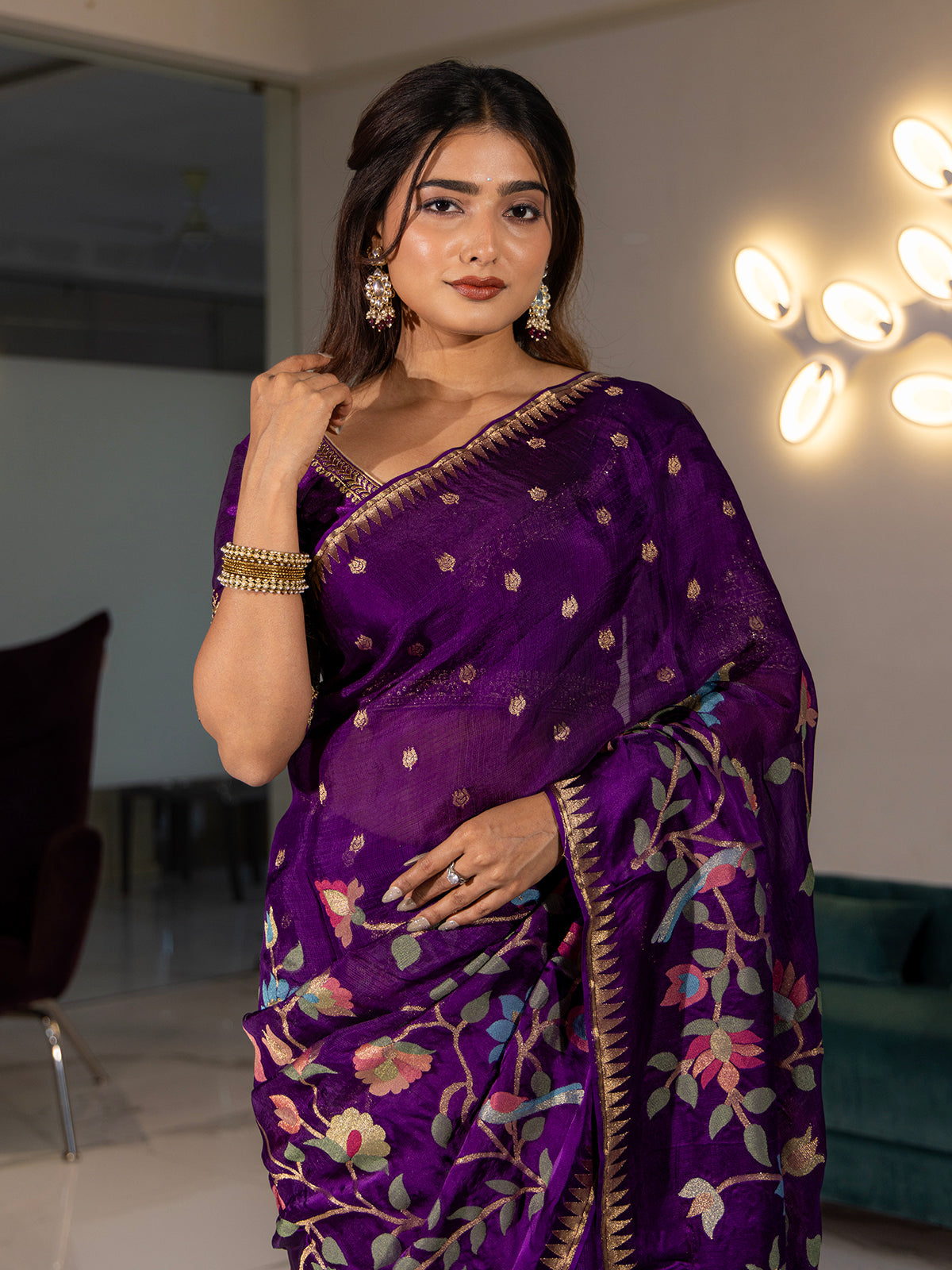 Purple zari worked cotton silk saree with floral motif weaving