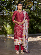 Maroon printed silk kurti set with printed dupatta