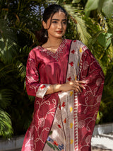 Maroon printed silk kurti set with printed dupatta