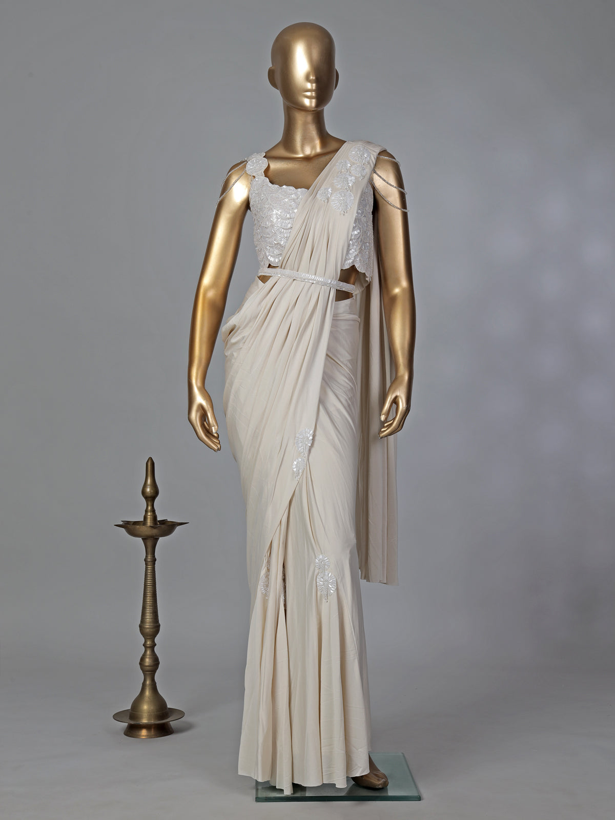 Classy cream lycra ready to wear saree with belt