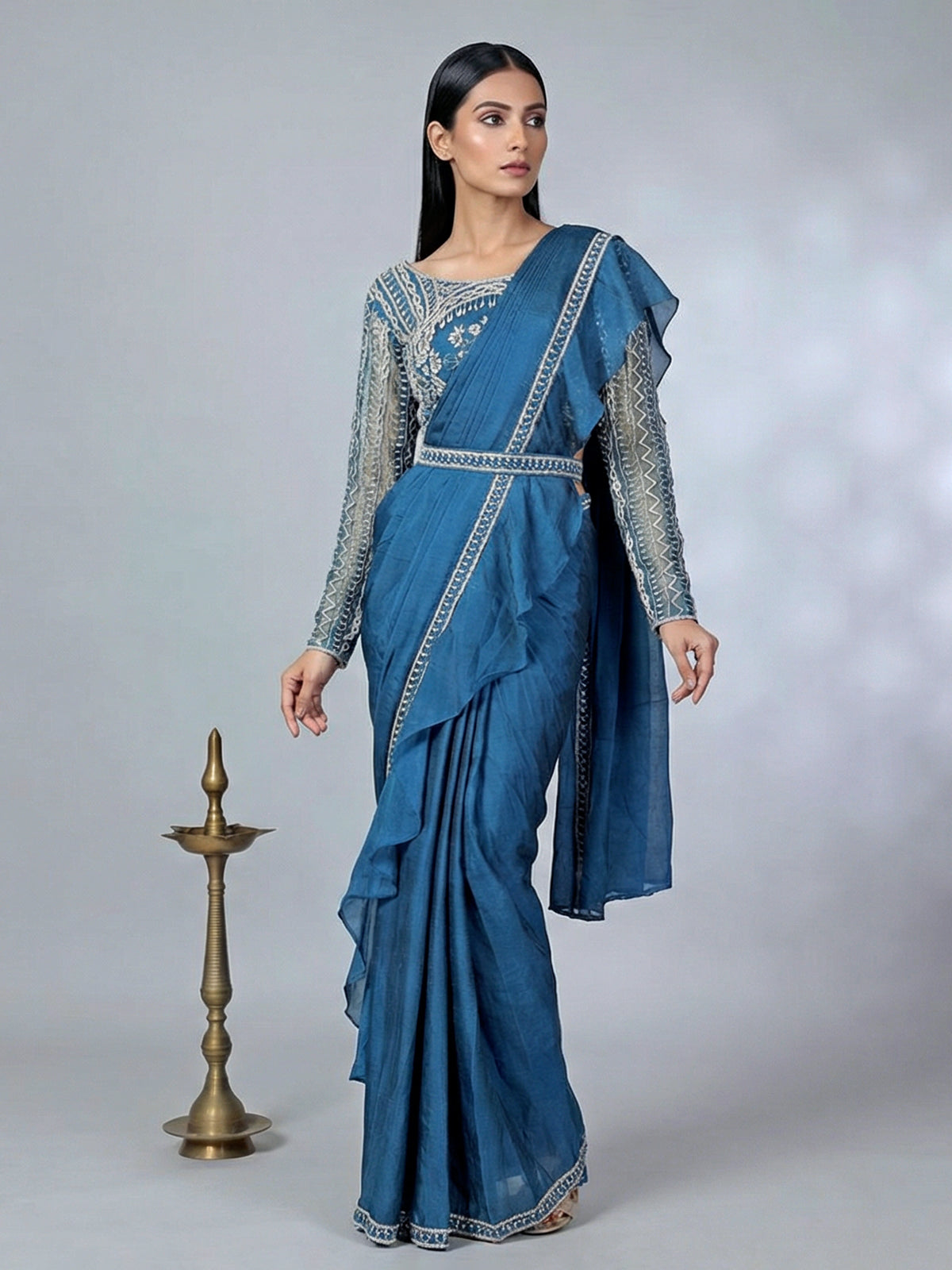 Peacock blue lycra ready to wear saree with ruffled pallu