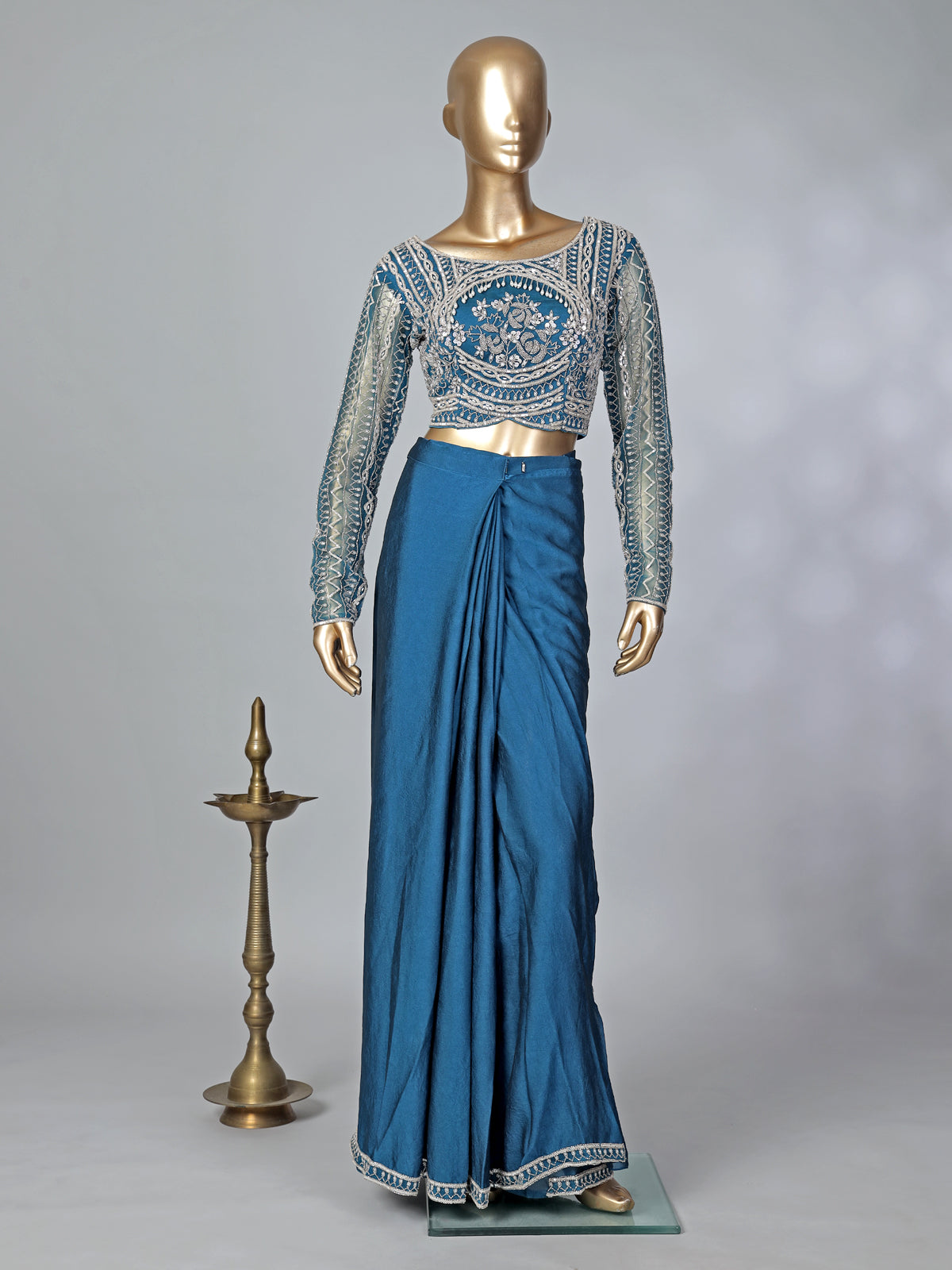 Peacock blue lycra ready to wear saree with ruffled pallu