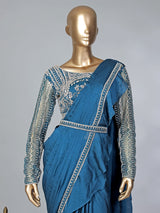 Peacock blue lycra ready to wear saree with ruffled pallu