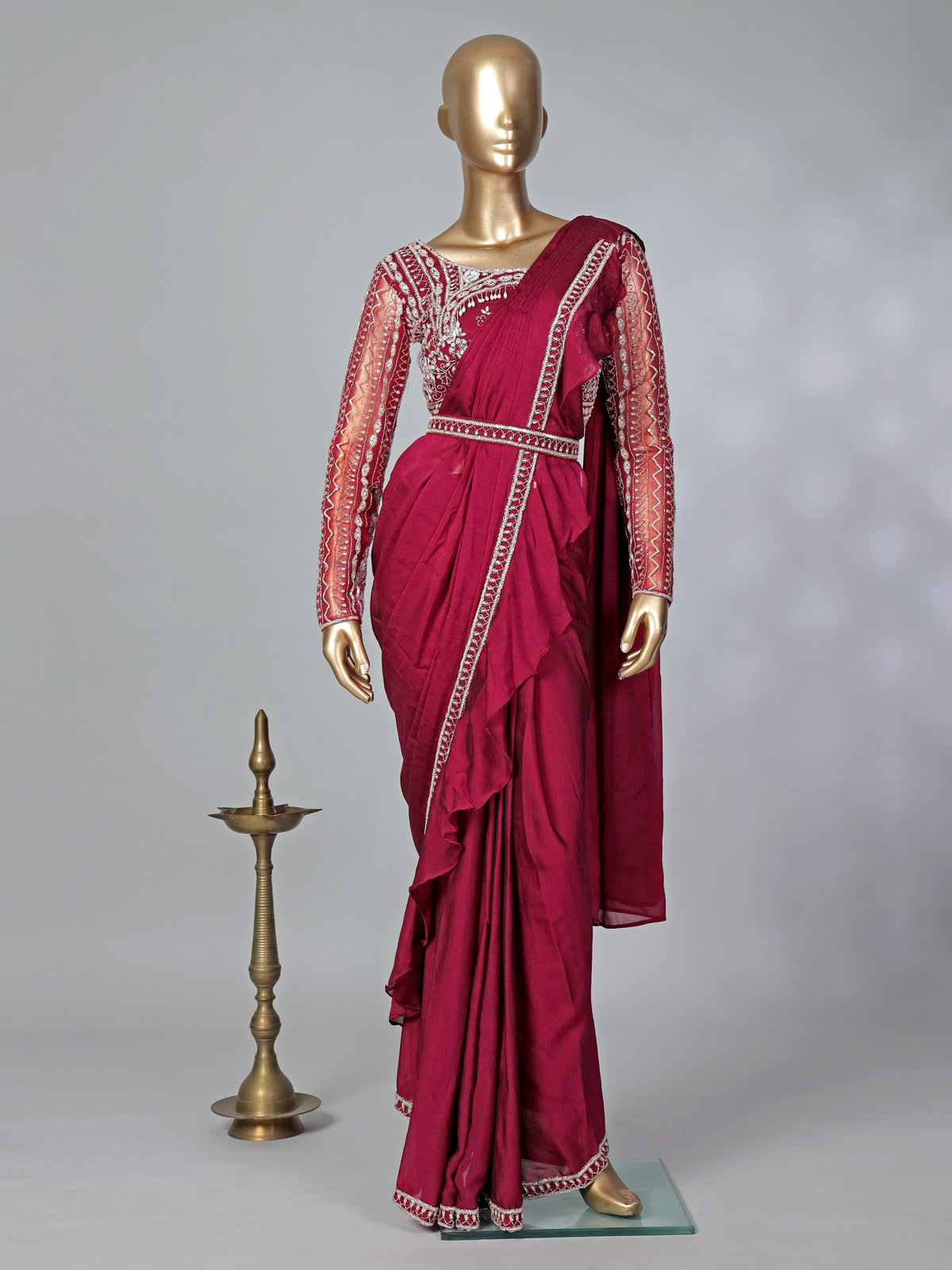Maroon lycra ready to wear saree with ruffled pallu
