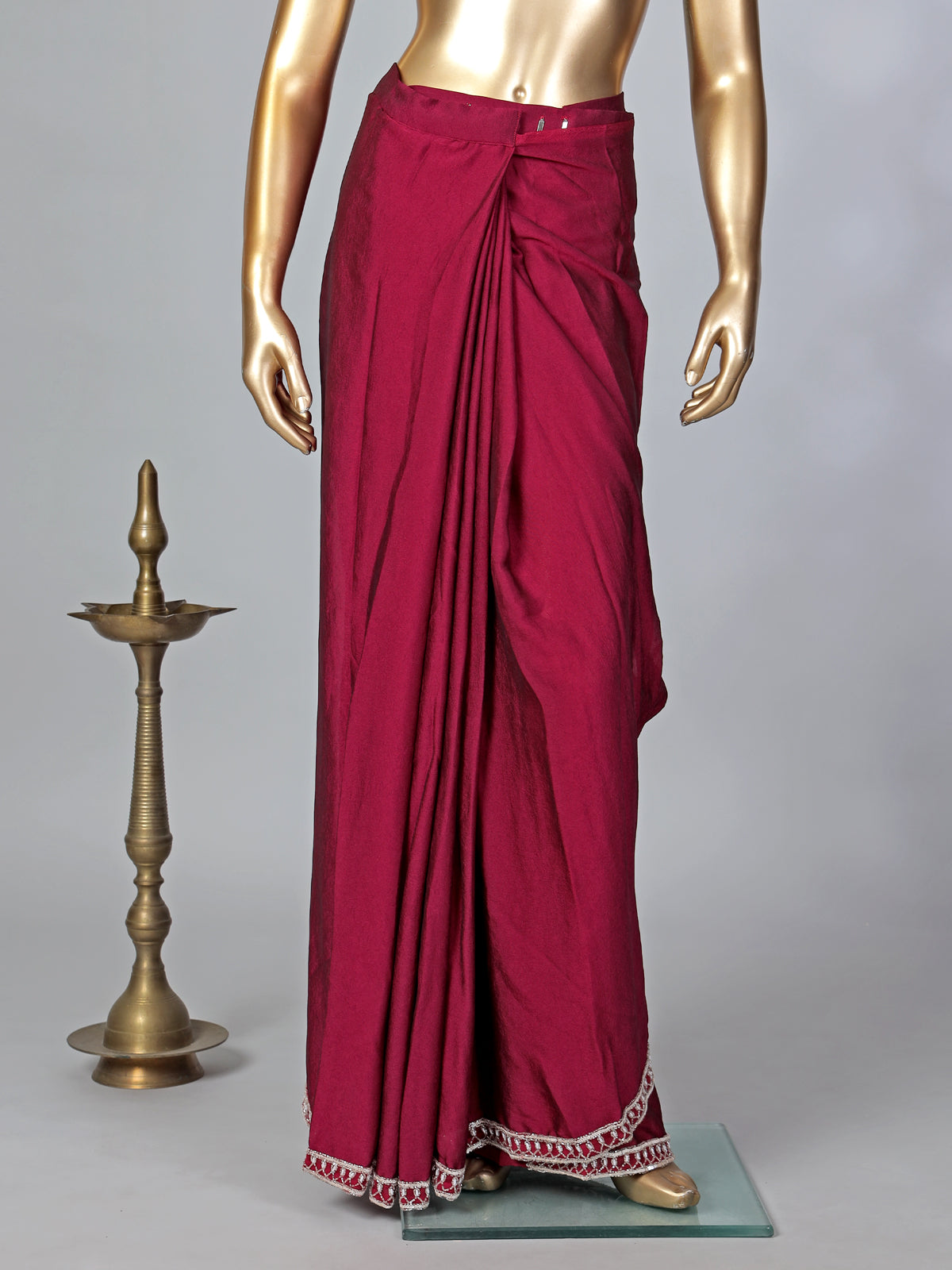 Maroon lycra ready to wear saree with ruffled pallu