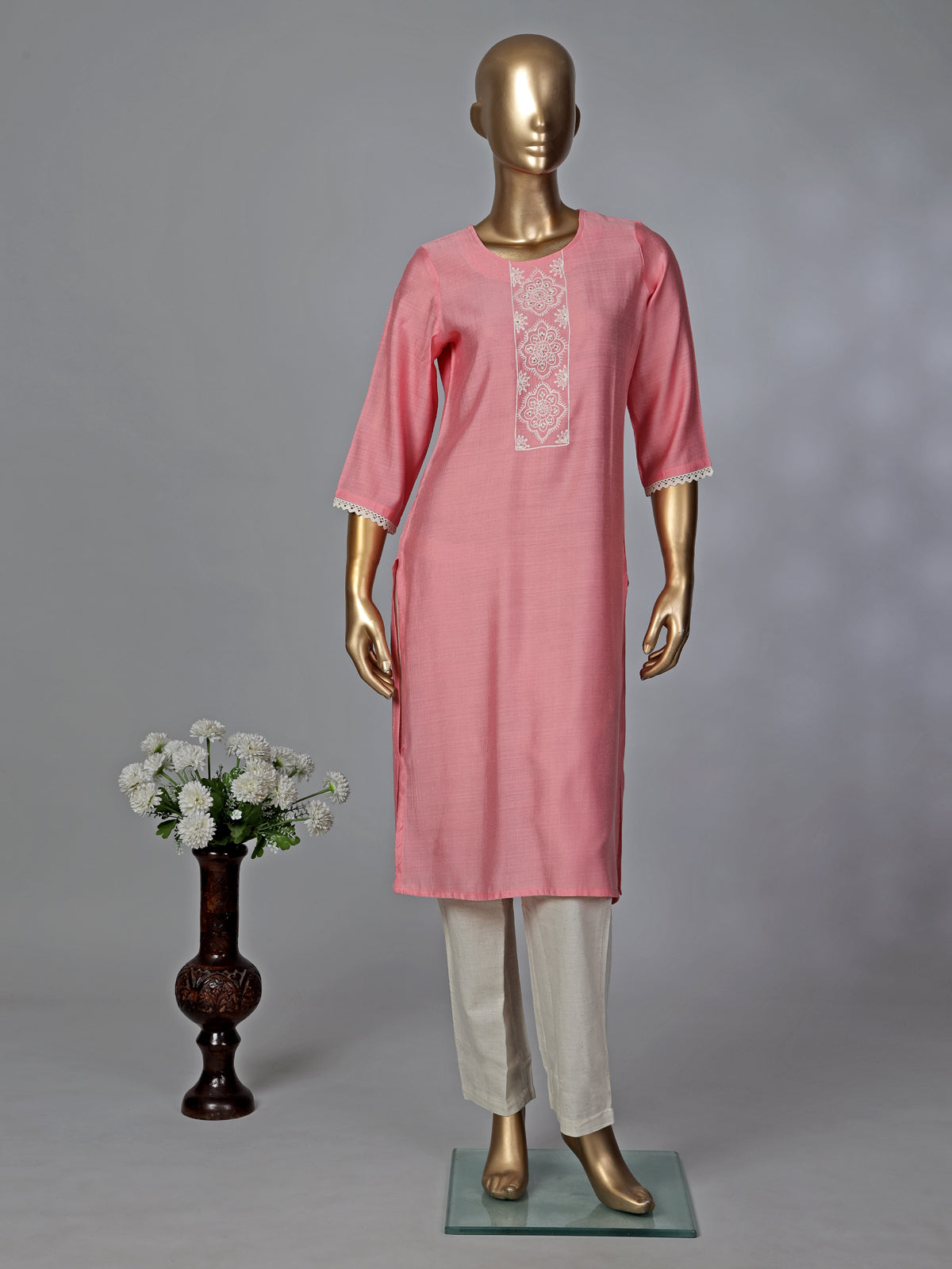 Peach round neck cotton silk kurti
