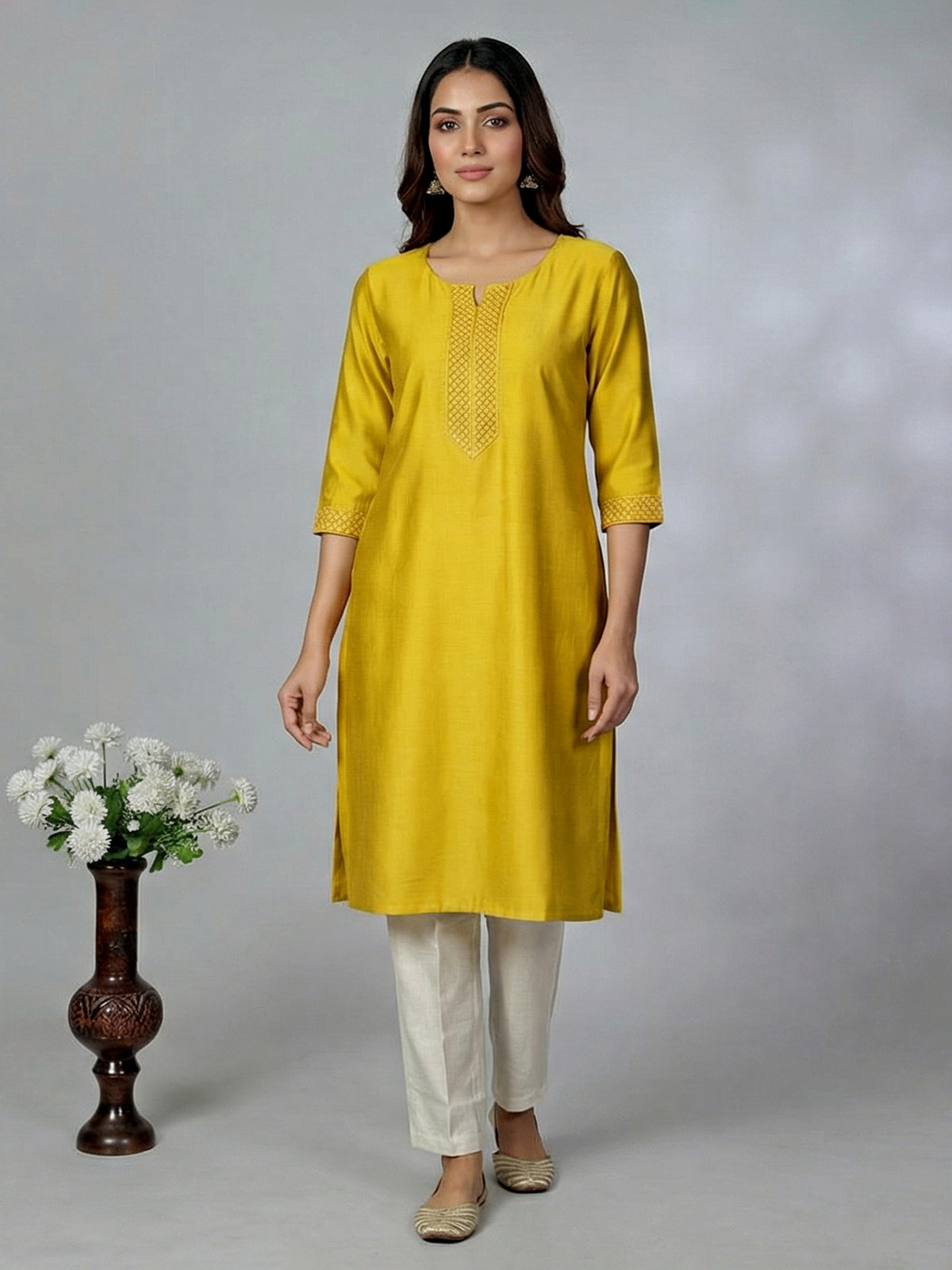 Mustard yellow cotton silk kurti for women