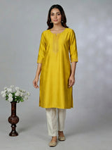 Mustard yellow cotton silk kurti for women