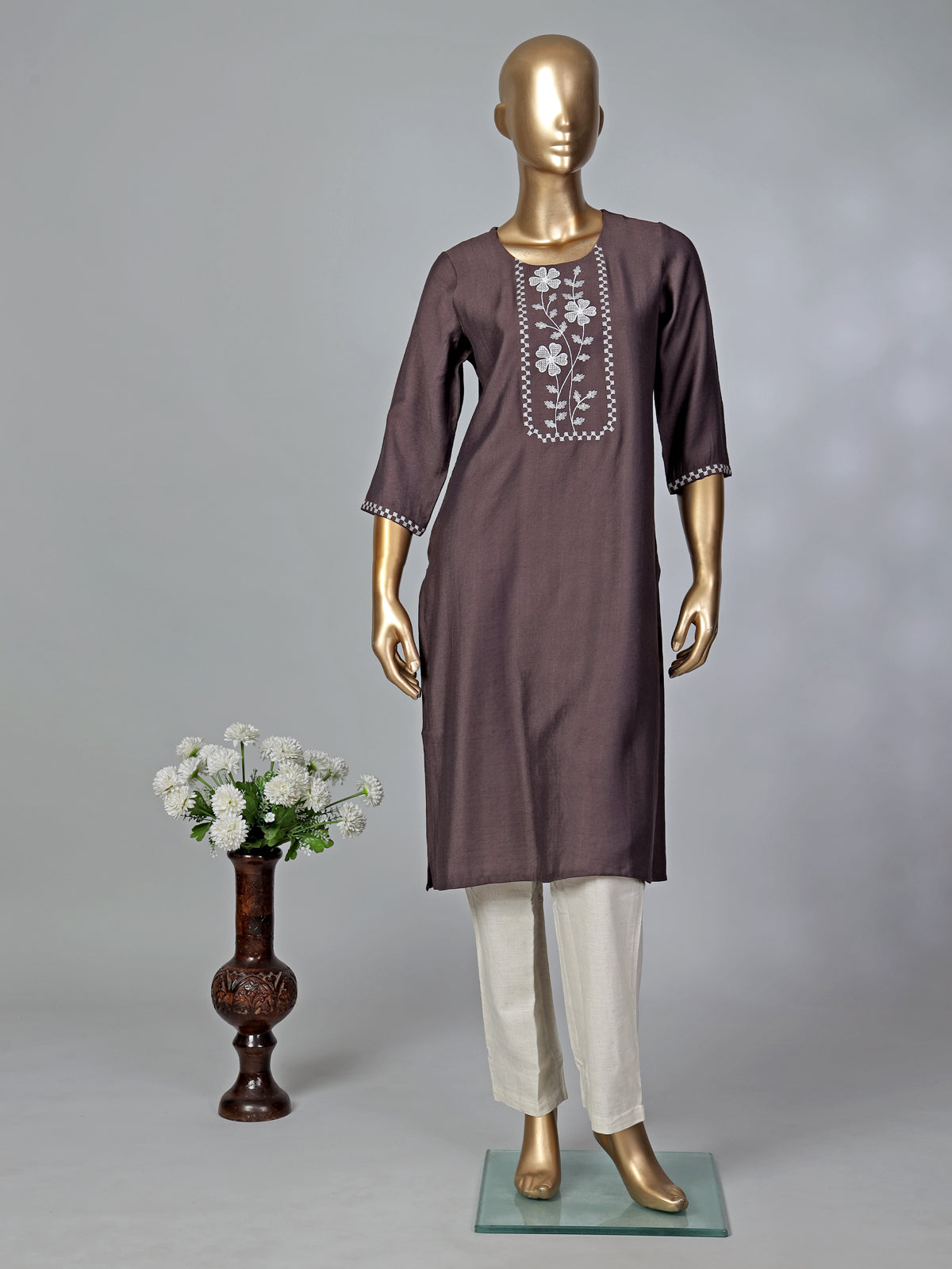 Brown thread worked cotton silk kurti