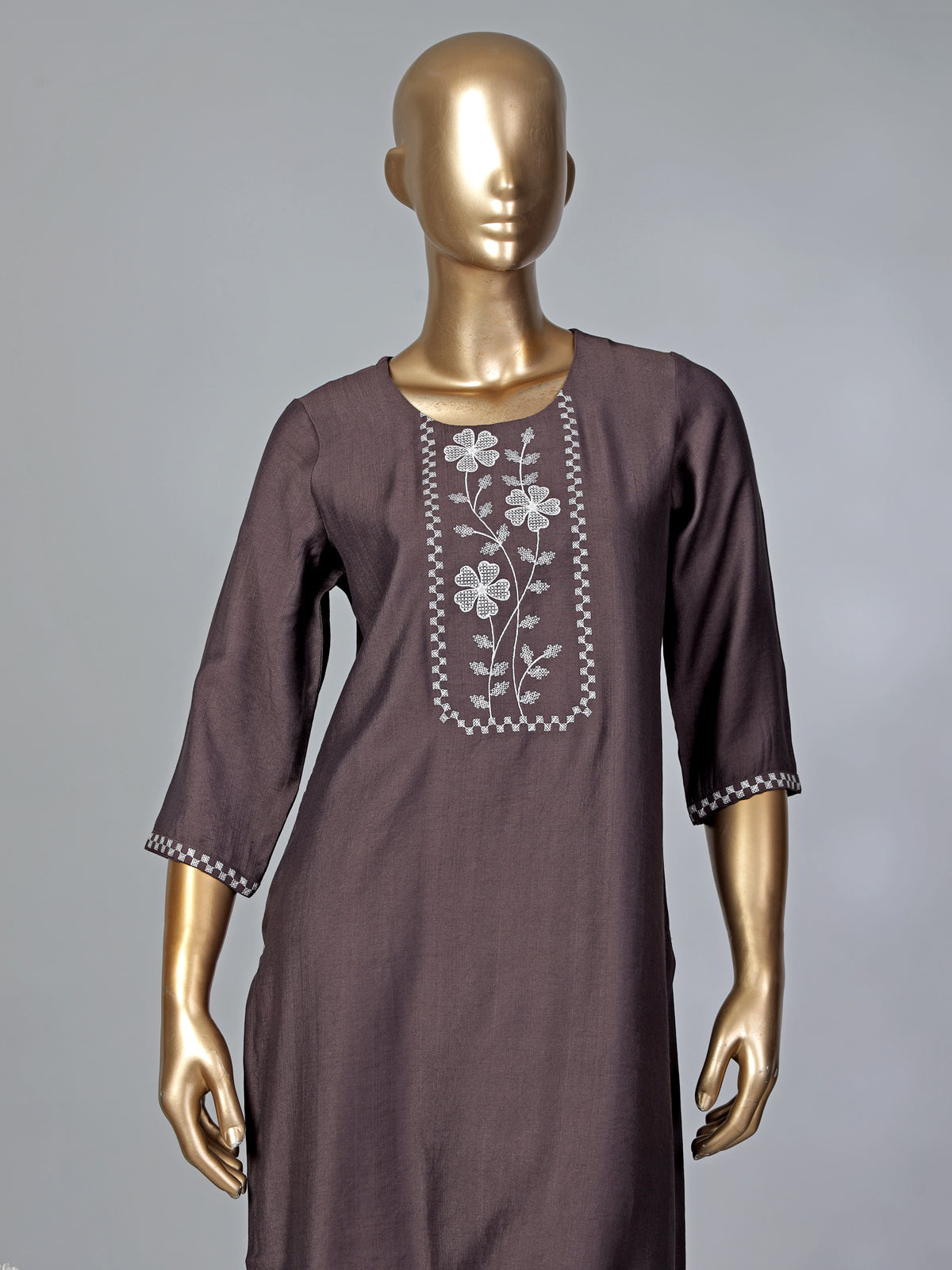 Brown thread worked cotton silk kurti